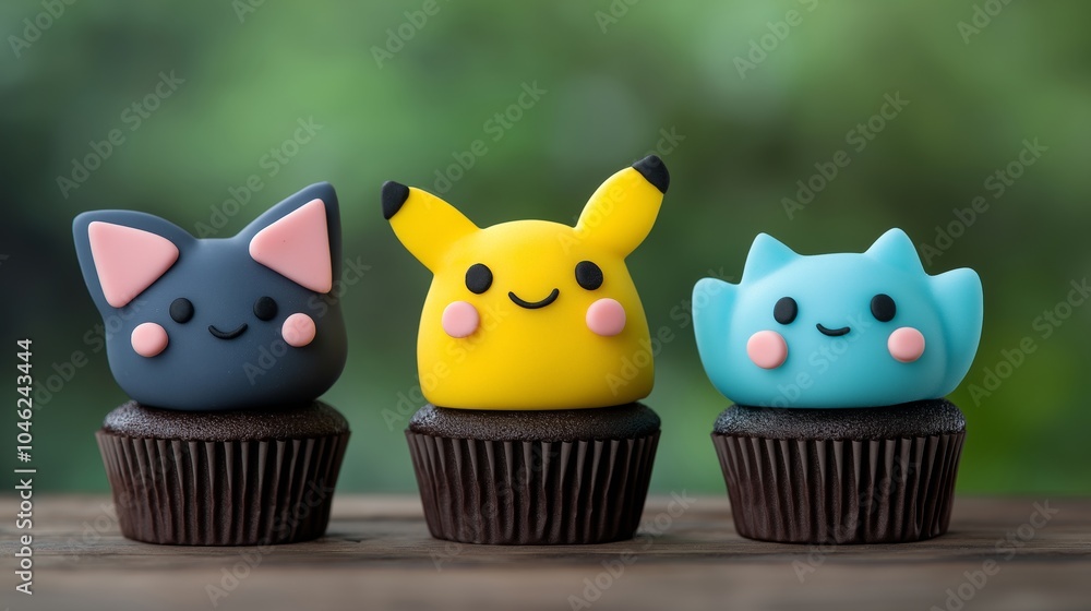 Fototapeta premium Cute cupcakes with colorful, playful character toppings on a wooden table.