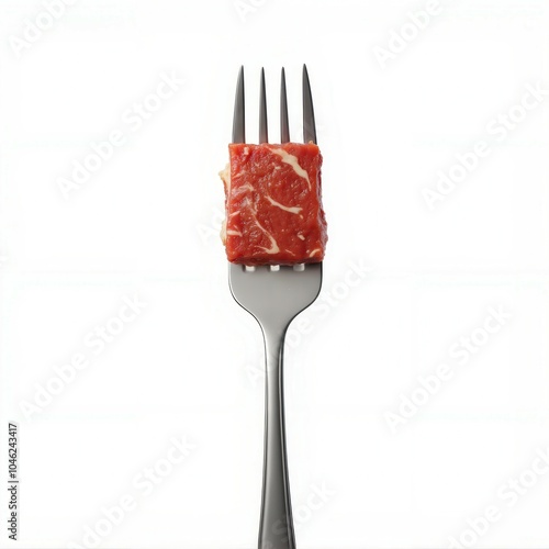 Raw meat slice on fork, white isolate background photo