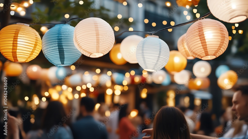 Fototapeta premium Colorful paper lanterns illuminate a festive crowd.