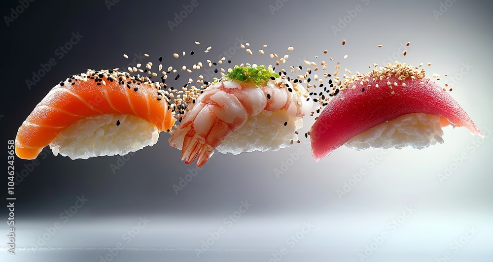 Delicious sushi rolls with shrimp, salmon, and tuna on a gray background. Delicious sushi rolls with shrimp, salmon, and tuna on a gray background.