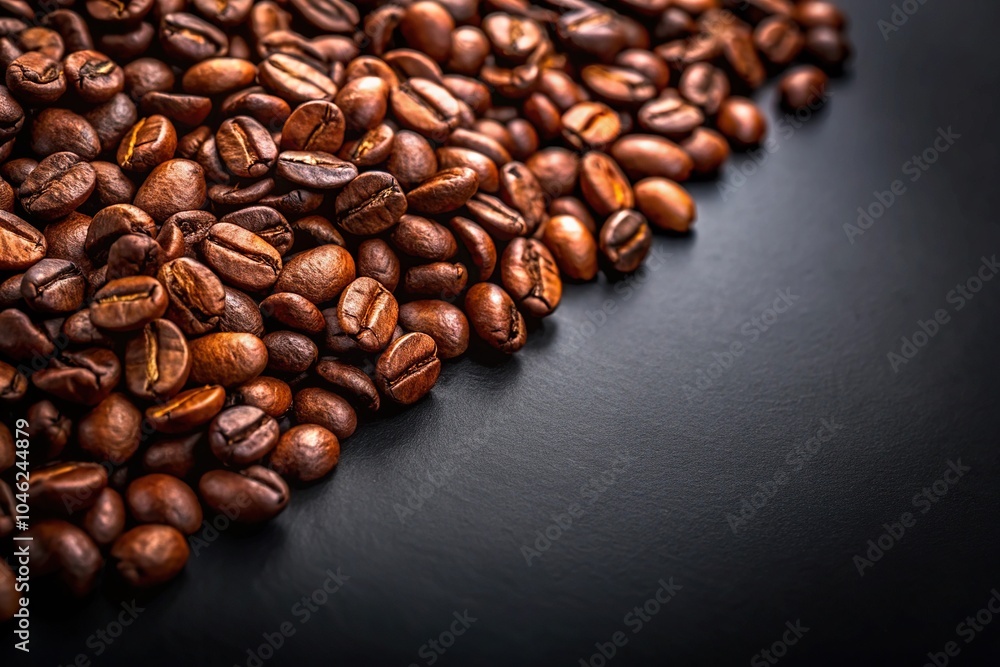 Studio shot of asymmetrical coffee beans on black table background with contrast and deep colors Studio shot of asymmetrical coffee beans on black table background with contrast and deep colors