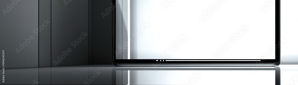 A sleek laptop resting on a reflective surface in a minimalist environment. A sleek laptop resting on a reflective surface in a minimalist environment.