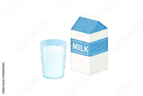 水彩風のコップに入った牛乳と牛乳パックのベクターイラスト
