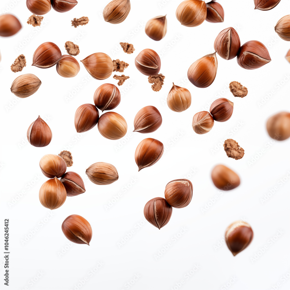 Fototapeta premium Falling Hazelnuts Isolated on White Background