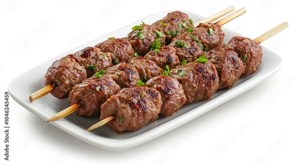 Beef Sheek Kebab in white plate isolated on white background Beef Sheek Kebab in white plate isolated on white background