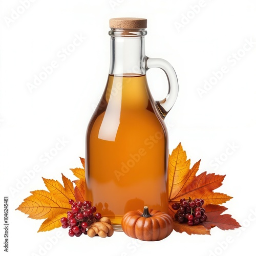 Bottle of apple cider with autumn leaves