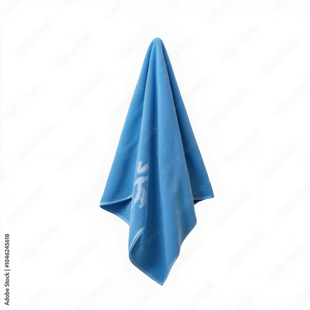 Blue towel hanging on white background. Blue towel hanging on white background.
