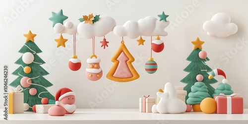 Colorful Christmas decorations with trees and ornaments on a white background. photo