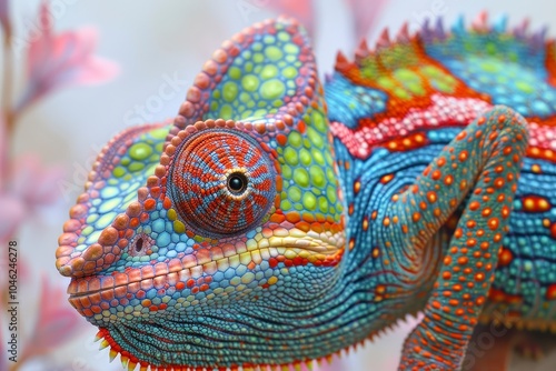 A colorful chameleon with intricate patterns and textures, showcasing its vibrant colors.