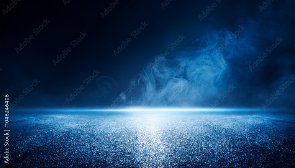 Naklejka premium Dark blue empty street with smoke, dark blue background empty dark scene neon light with spotlights.Generative AI