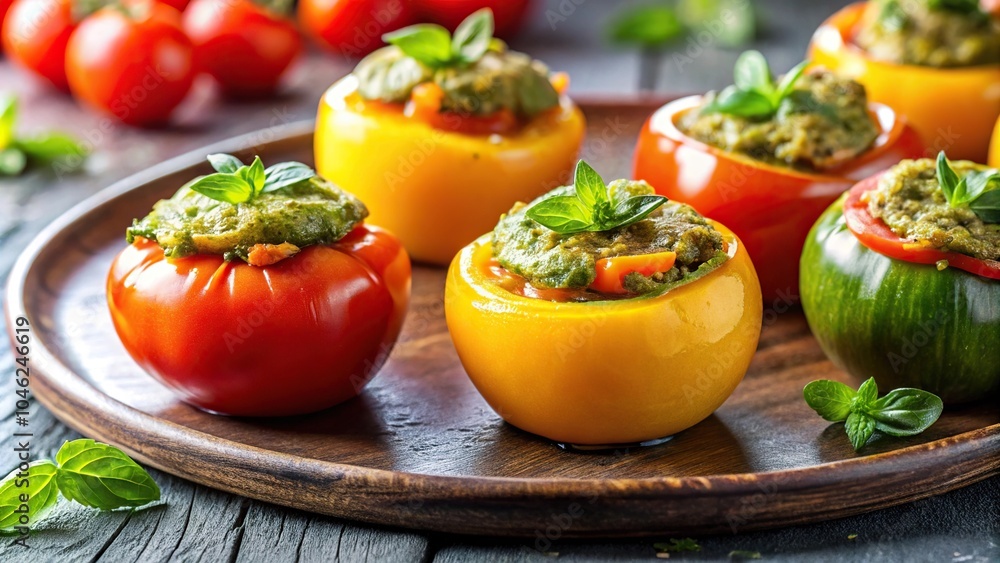 Stuffed cherry and yellow tomatoes drizzled in pesto Stuffed cherry and yellow tomatoes drizzled in pesto