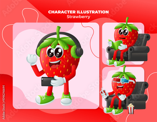 Cute strawberry characters enjoying leisure activities