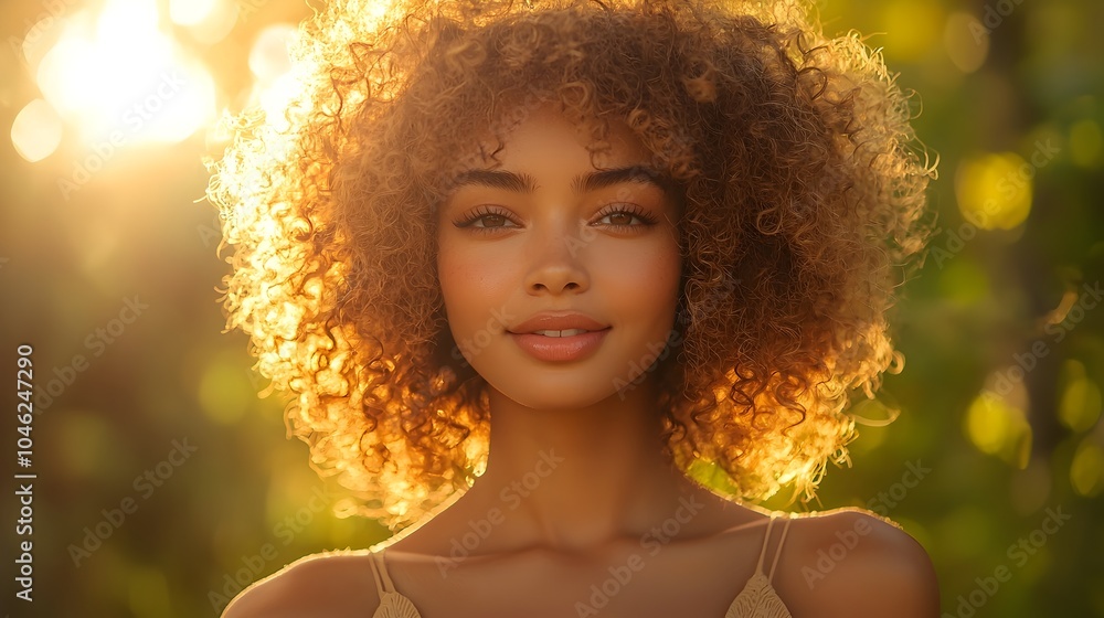 Radiant Woman Embracing Natural Curls in Outdoor Garden at Golden Hour Radiant Woman Embracing Natural Curls in Outdoor Garden at Golden Hour