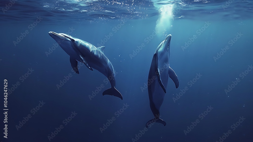 A dolphin and a whale in an underwater ballet A dolphin and a whale in an underwater ballet