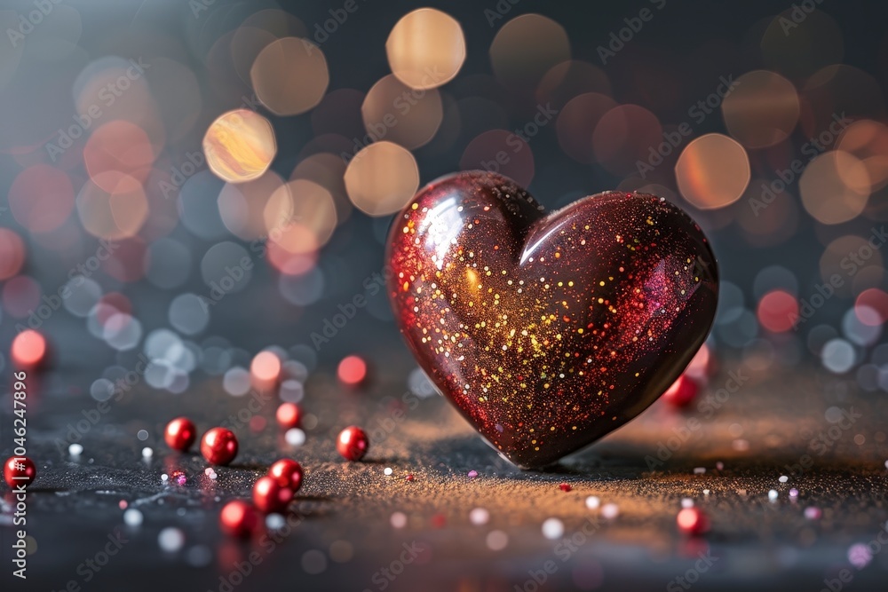 Fototapeta premium Glossy chocolate heart decorated with gold glitter sits on a dark surface surrounded by red beads under warm bokeh lights.