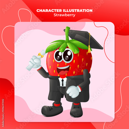 Cute strawberry character wearing a graduation cap and holding a diploma