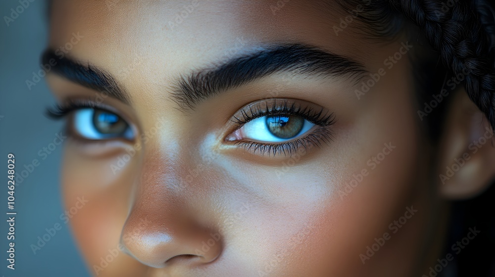 Fototapeta premium Detailed Close-up Portrait of Woman's Face with Beautifully Braided Hair on Neutral Background
