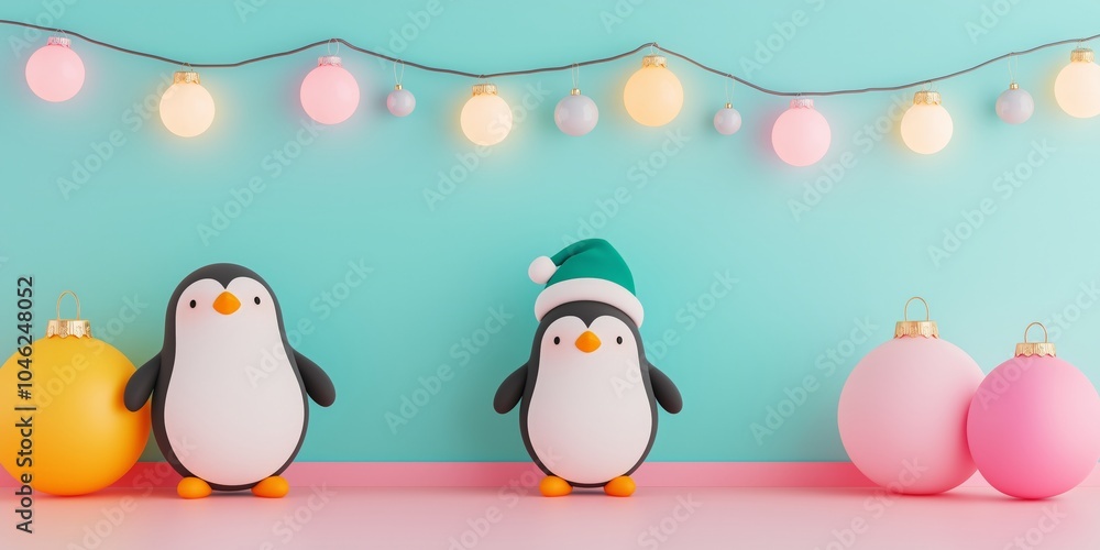 Two festive penguins with Christmas decorations on a colorful background. Two festive penguins with Christmas decorations on a colorful background.