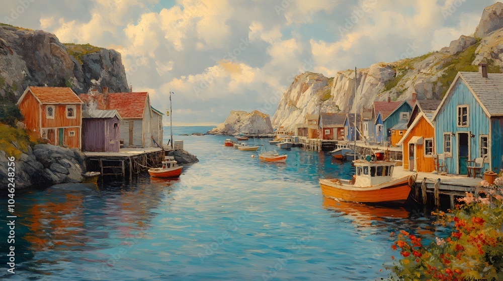 Obraz premium A coastal fishing town with colorful wooden shacks lining the harbor, fishing boats gently swaying in the water, and rocky cliffs framing the scene.