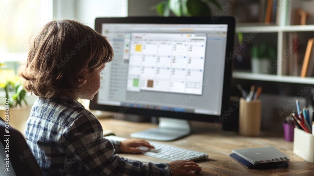 A kid office worker managing tasks at a desk, with a to-do list and calendar displayed on a computer screen, working diligently A kid office worker managing tasks at a desk, with a to-do list and calendar displayed on a computer screen, working diligently