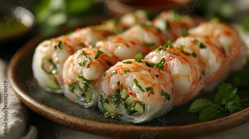 A colorful Asian rice paper roll filled with shrimp, fresh vegetables, and herbs, beautifully arranged on a plate with a side of dipping sauce.