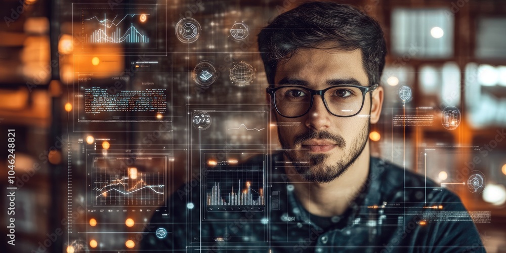 © kwanchaift - Big data analytics and business intelligence concept with chart and graph icons on a digital screen interface and a businessman in background