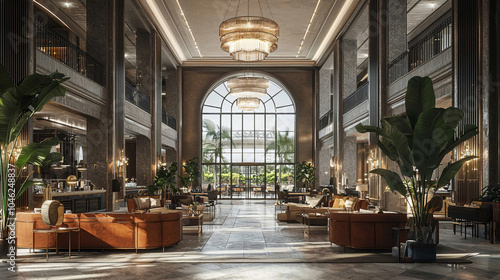 A grand hotel lobby with high ceilings modern chandeliers