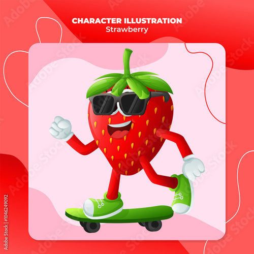 Cute strawberry character skateboarding