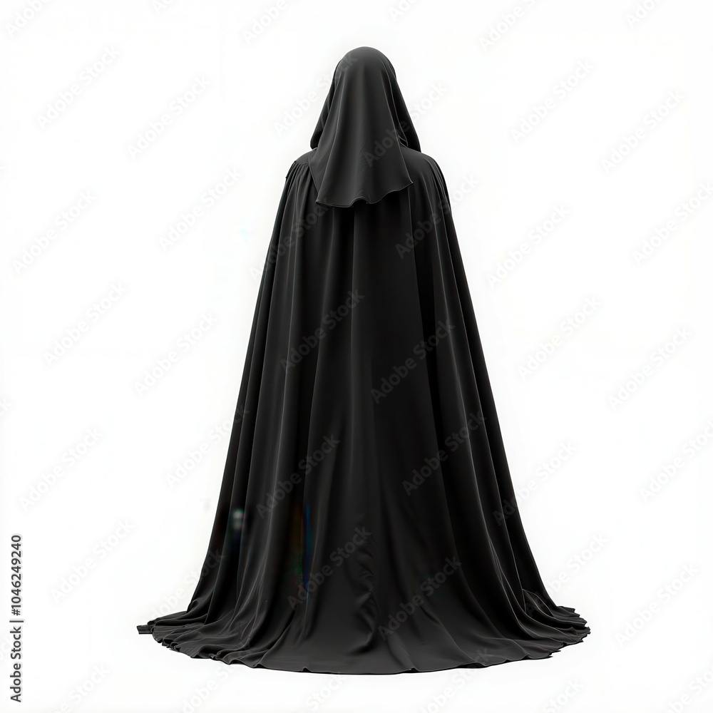Naklejka premium Mysterious figure in a black cloak, white isolate background