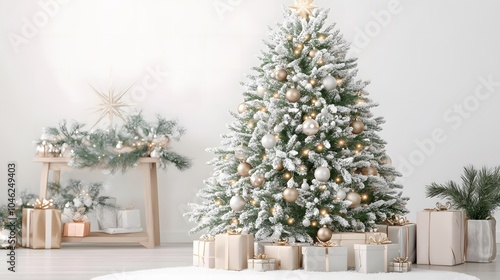 Lush green Christmas tree with intricate decorations and sparkling lights, creating a festive atmosphere on a minimal background.