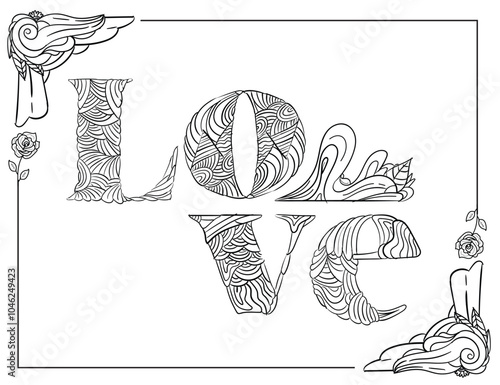 love typhography for colring teraphy hand drawn style