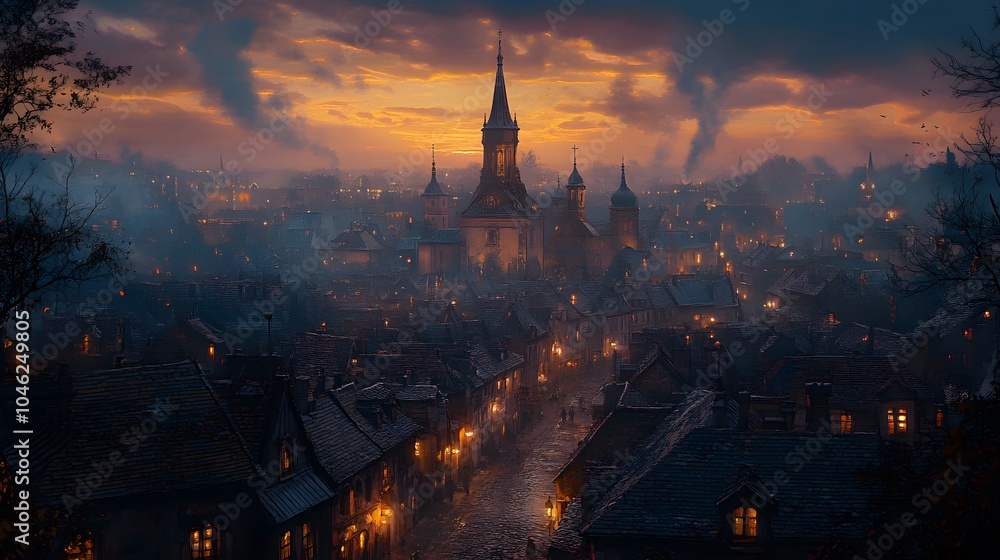 Obraz premium A historic town in Eastern Europe, showcasing cobbled streets, ornate facades, and a majestic church steeple rising above the rooftops against a twilight sky.