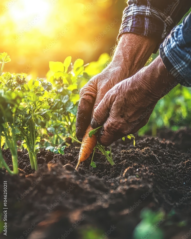 Fototapeta premium Gardener Harvesting Fresh Carrots in Soi