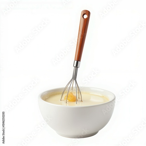 Whisk in bowl with egg, white isolate background photo