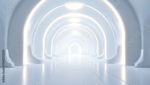  Futuristic White Sci-Fi Tunnel with Glowing Arches,futuristic tunnel, sci-fi design, glowing arches