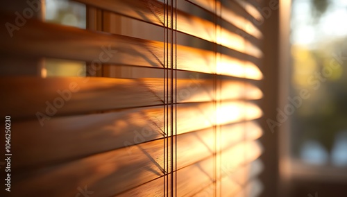 A close-up view of wooden window blinds illuminated by the soft, golden light of the setting sun. The warm glow creates intricate patterns of light and shadow across the blinds