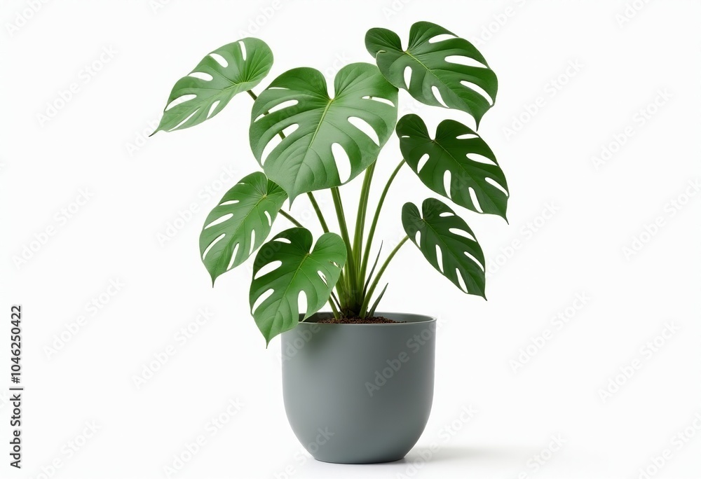 Fototapeta premium Elegant Monstera Deliciosa Potted in Grey Planter - A Must-Have for Modern Interiors and Plant Lovers