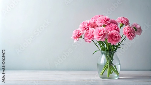 A bouquet of fresh pink carnations arranged in a elegant vase with a minimalist background, arrangement design, pink carnations, minimalist decor, decorative vases