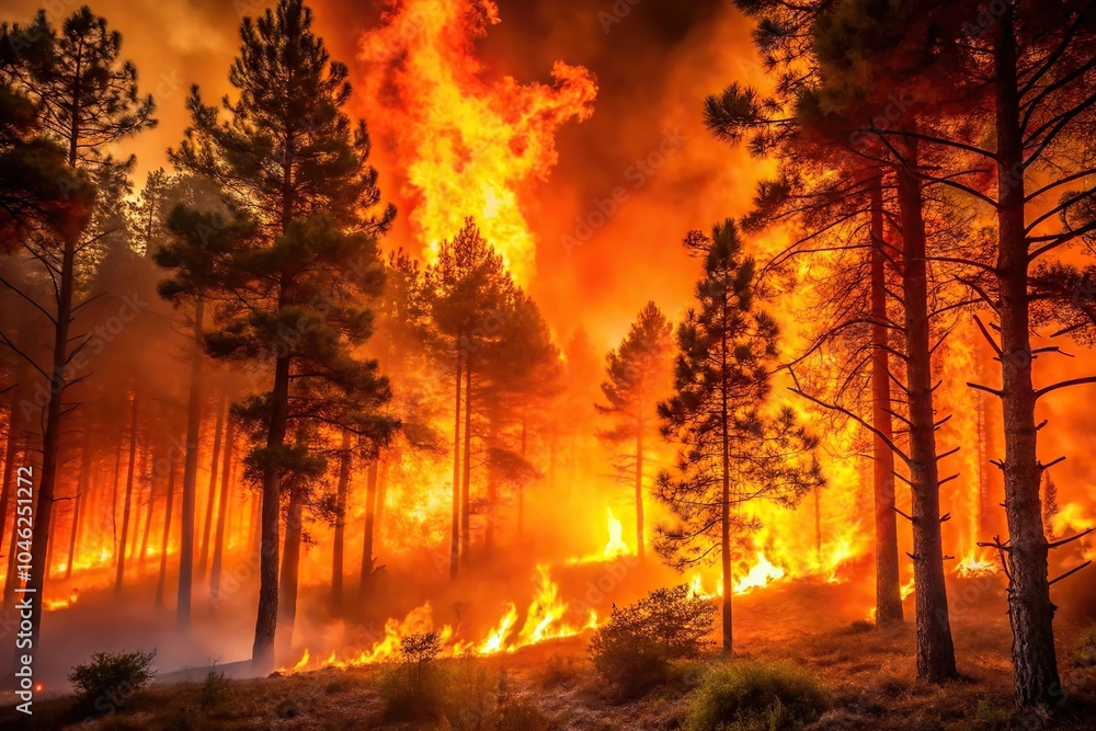 A burning forest fire with flames engulfing trees and underbrush, illuminated by a fiery orange light, sparks, warmth glow, wildfire, embers A burning forest fire with flames engulfing trees and underbrush, illuminated by a fiery orange light, sparks, warmth glow, wildfire, embers