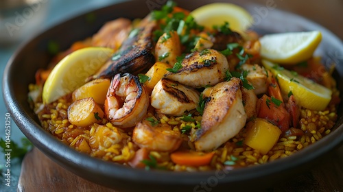 A traditional Spanish paella, featuring saffron-infused rice mixed with seafood, chicken, and vibrant vegetables, garnished with lemon wedges and fresh parsley. photo