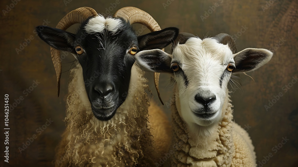 Fototapeta premium A goat and a sheep posing for a portrait