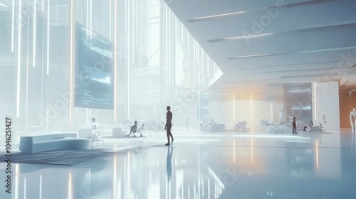 A futuristic office space with advanced AI-powered robots working alongside humans, holographic data screens floating in the air, and sleek, minimalist architecture. 