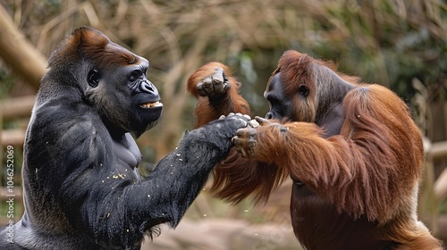 A gorilla and an orangutan in a playful tussle