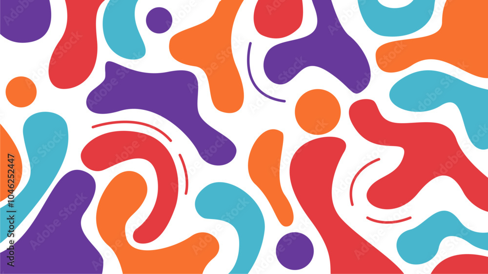 Vibrant Pattern Background, Abstract Fluid Blob Design with Seamless Purple, Orange, Red and Turquoise Organic Shapes on White Surface Vibrant Pattern Background, Abstract Fluid Blob Design with Seamless Purple, Orange, Red and Turquoise Organic Shapes on White Surface