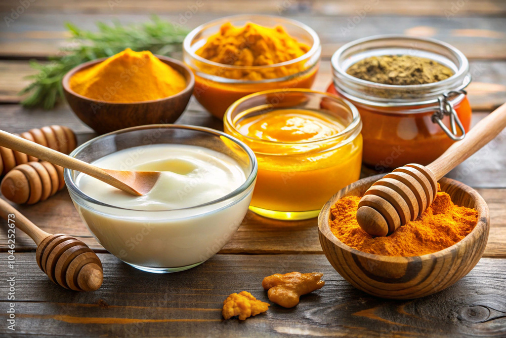Fresh turmeric face mask ingredients being prepared with honey and yogurt Fresh turmeric face mask ingredients being prepared with honey and yogurt