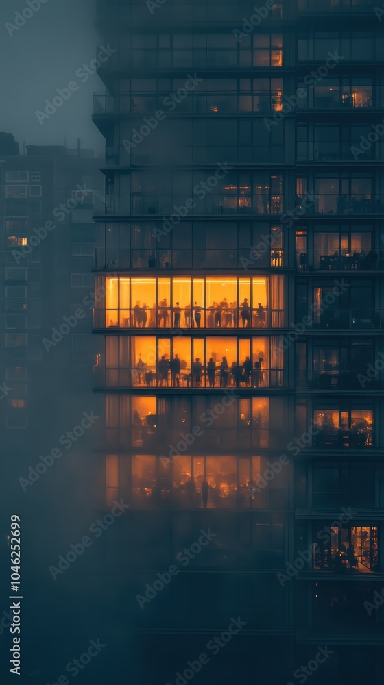 Warm Light Illuminates People Dancing Inside a Building Warm Light Illuminates People Dancing Inside a Building
