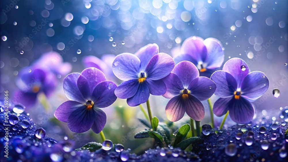 A cluster of violets releasing water droplets in a misty atmosphere, floral clusters, organic shape A cluster of violets releasing water droplets in a misty atmosphere, floral clusters, organic shape