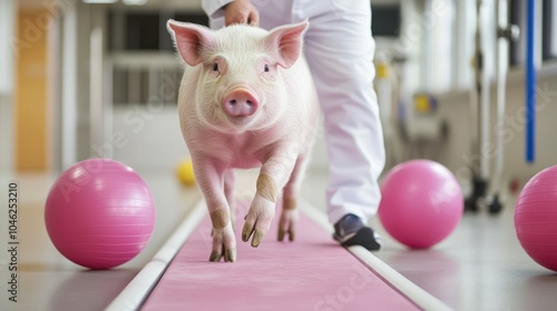 A pig participating in a weight management program, monitored by a veterinarian, using exercise balls and a walking track photo