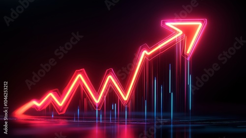 Neon arrow graph indicating growth and progress on a dark background.