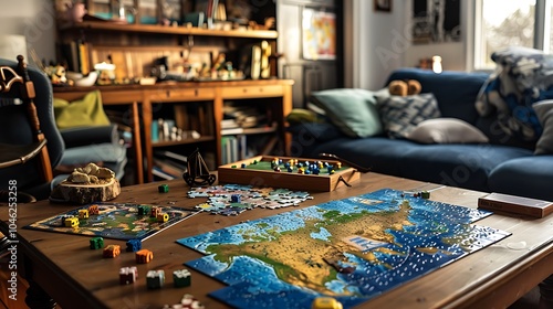 A jigsaw puzzle and a board game on a living room table